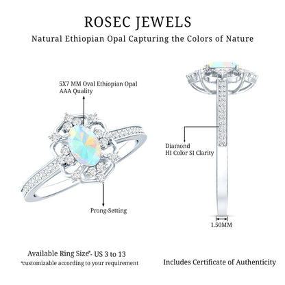 Natural Oval Ethiopian Rainbow Opal Vintage Looking Engagement Ring with Diamond