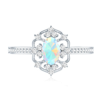 Natural Oval Ethiopian Rainbow Opal Vintage Looking Engagement Ring with Diamond