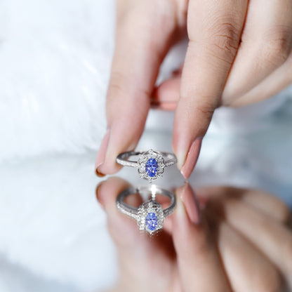 Vintage Looking Tanzanite and Diamond Oval Engagement Ring