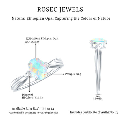 Natural Solitaire Ethiopian Opal Diamond Oval Engagement Ring With Pinched Shank