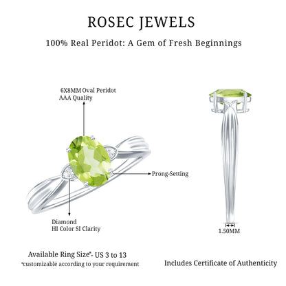 Natural 1 Carat Peridot Oval Engagement Ring with Diamond