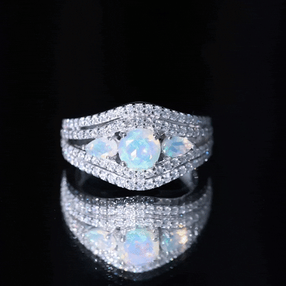 Real Ethiopian Opal 3 Stone Engagement Ring with Moissanite