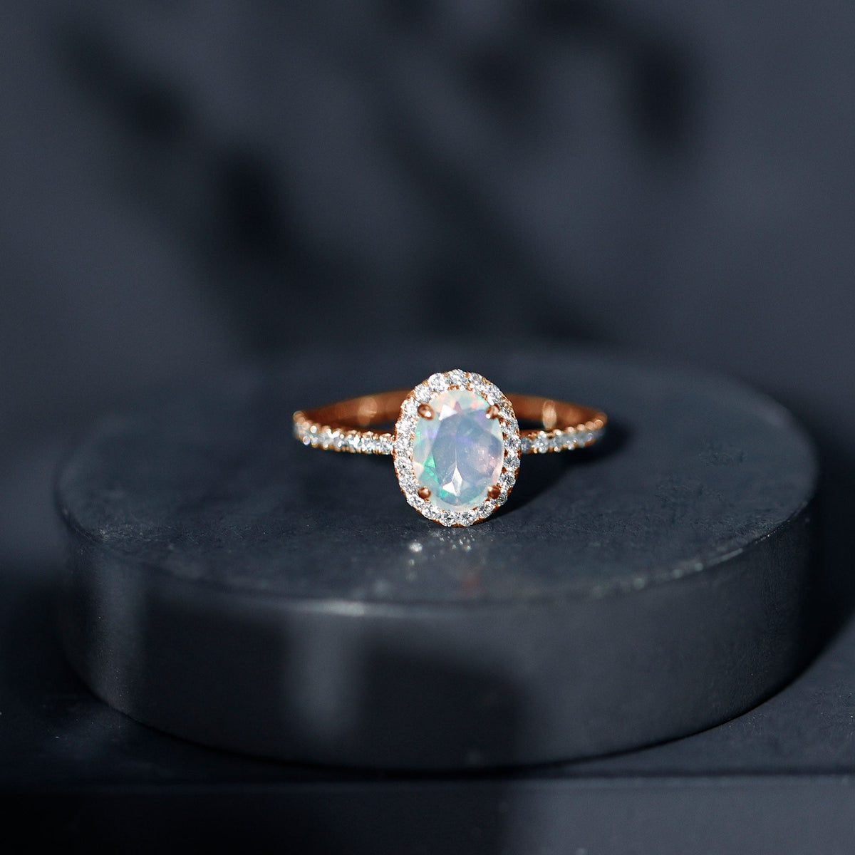 Certified Real 1.2 Carat Ethiopian Opal Oval Engagement Ring with Diamond Halo
