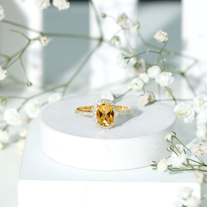 Certified Real 1 Carat Citrine Oval Engagement Ring with Diamond Halo