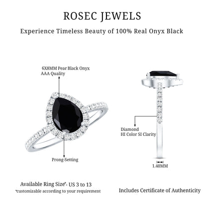 Genuine Black Onyx Teardrop Engagement Ring with Diamond