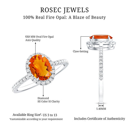 Oval 1 Carat Fire Opal Engagement Ring with Diamond Halo
