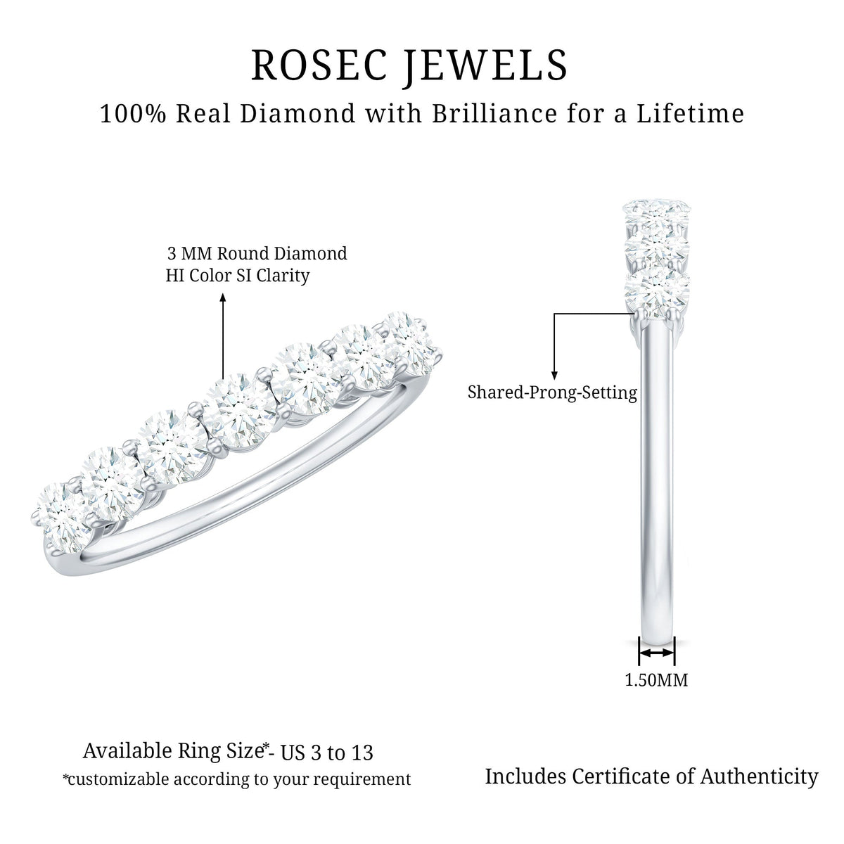 Natural Diamond Half Eternity Band Ring for Women