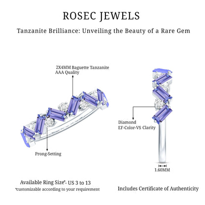 Baguette Cut Tanzanite and Diamond Half Eternity Stackable Ring