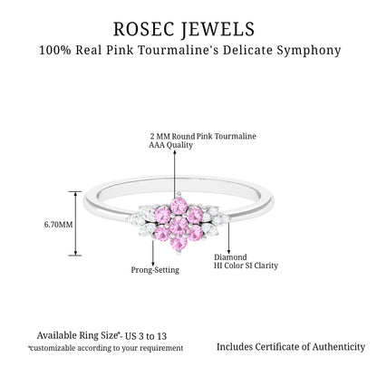 Real Pink Tourmaline Flower Cluster Ring with Diamond