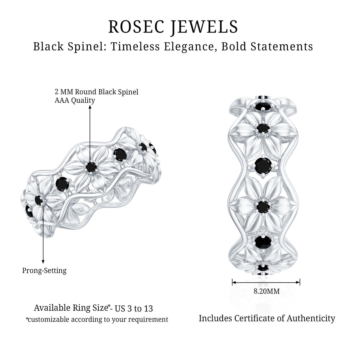 Natural Black Spinel Flower Band Ring for Women