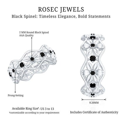 Natural Black Spinel Flower Band Ring for Women