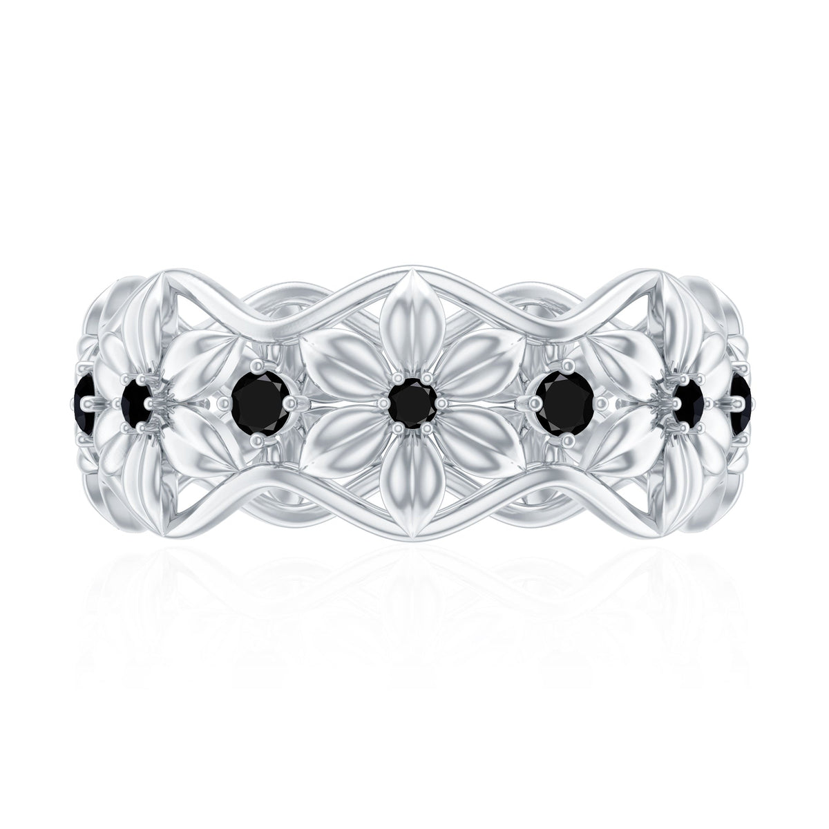 Natural Black Spinel Flower Band Ring for Women
