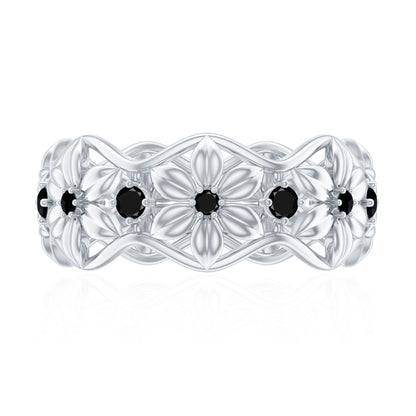 Natural Black Spinel Flower Band Ring for Women