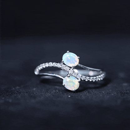 Natural Oval Ethiopian Opal Diamond Toi Et Moi Engagement Ring with Bypass Shank