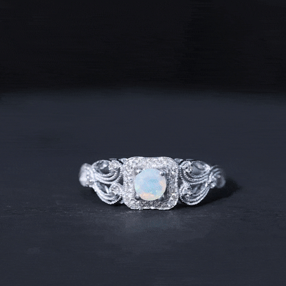 Certified Real Ethiopian Opal Retro Engagement Ring with Diamond