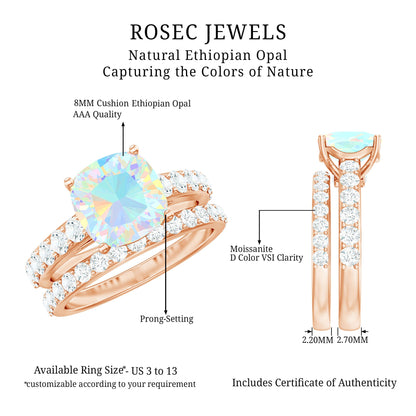 Certified Natural Ethiopian Opal Cushion Cut Engagement Ring with Wedding Band