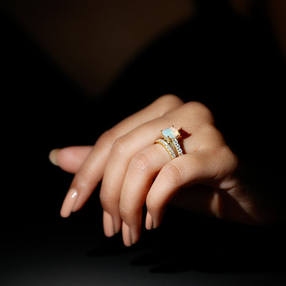 Certified Natural Ethiopian Opal Cushion Cut Engagement Ring with Wedding Band