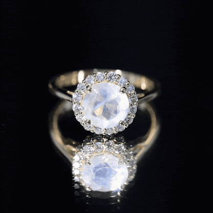 0.8 CT Round Moonstone Halo Engagement Ring with Diamond