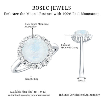 0.8 CT Round Moonstone Halo Engagement Ring with Diamond