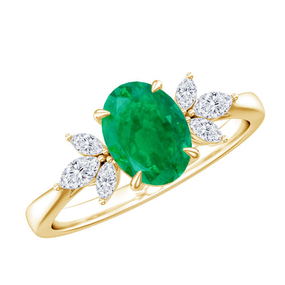 Natural 1.2 Carat Oval Emerald Engagement Ring with Diamond Trio