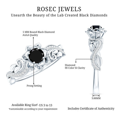 Certified 0.8 Carat Lab Grown Black and White Diamond Flower Engagement Ring