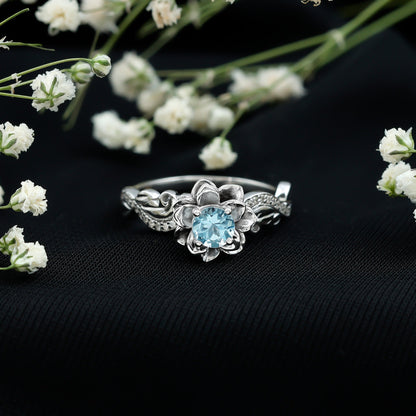 Natural Aquamarine Flower Inspired Engagement Ring With Diamond