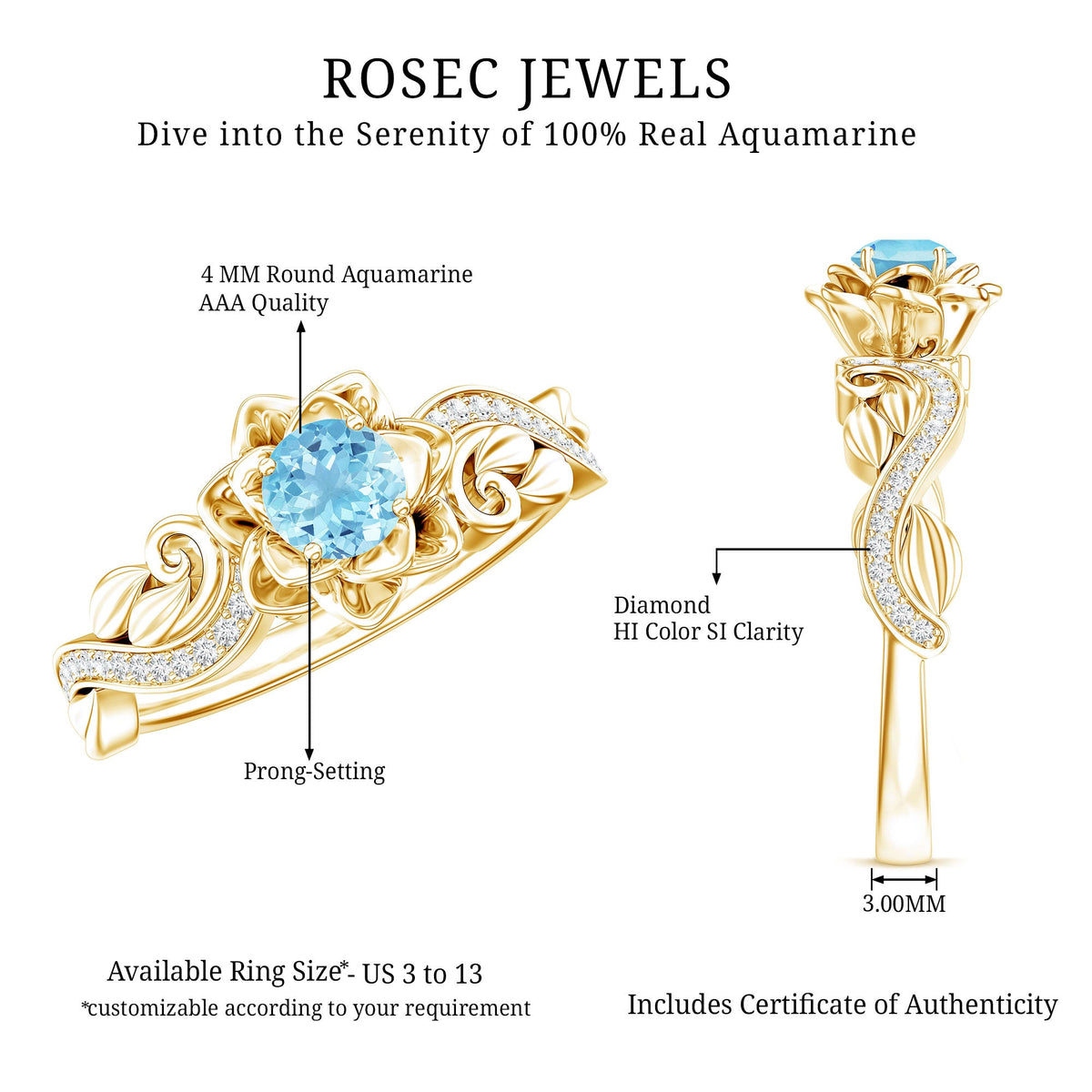 Natural Aquamarine Flower Inspired Engagement Ring With Diamond