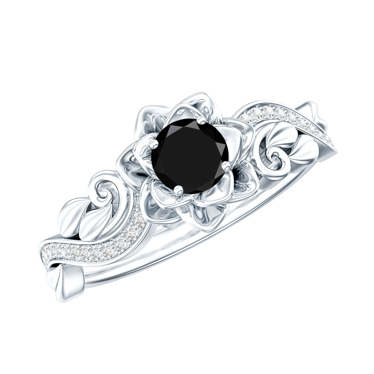 Nature Inspired Black Onyx and Diamond Floral Engagement Ring