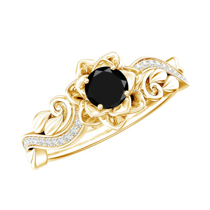 Nature Inspired Black Onyx and Diamond Floral Engagement Ring