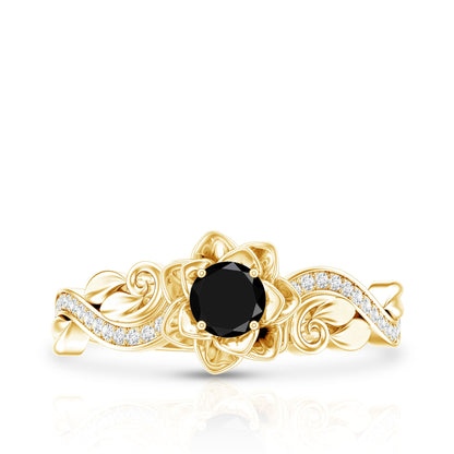 Nature Inspired Black Onyx and Diamond Floral Engagement Ring