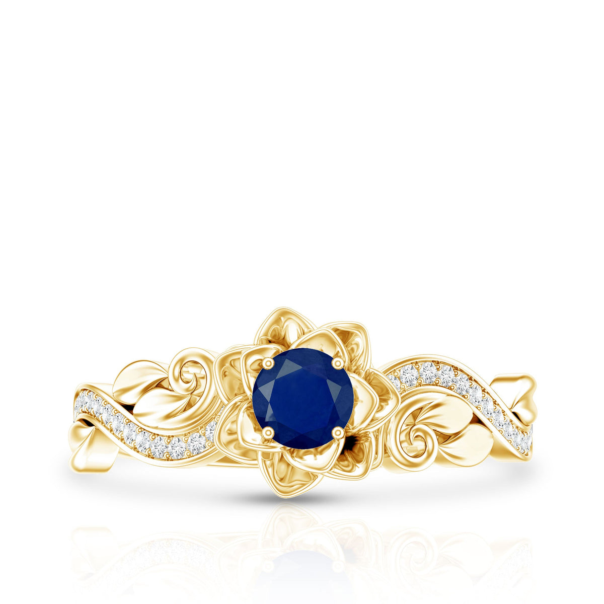 Rose Flower Engagement Ring with Genuine Blue Sapphire and Diamond