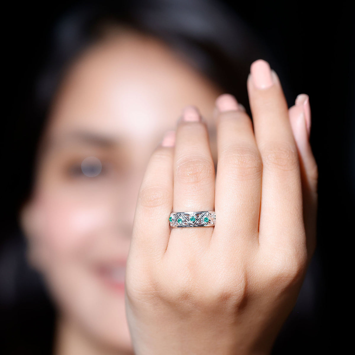Vintage Inspired Real Emerald Wide Wedding Band