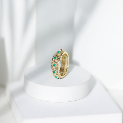 Vintage Inspired Real Emerald Wide Wedding Band