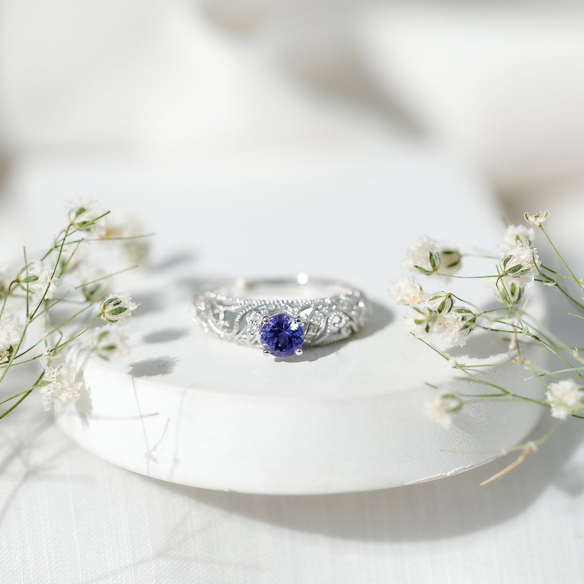 Round Tanzanite Vintage Inspired Engagement Ring with Diamond