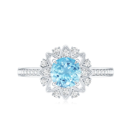 Genuine 0.8 Aquamarine Floral Engagement Ring with Diamond Side Stones