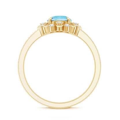 Genuine 0.8 Aquamarine Floral Engagement Ring with Diamond Side Stones