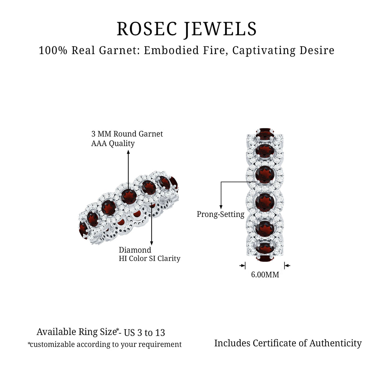 Genuine Garnet Eternity Wedding Band with Moissanite