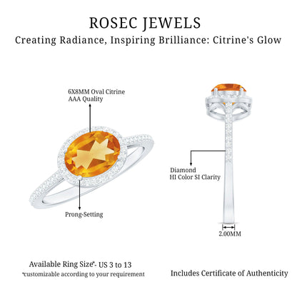 Certified Real 1 Carat Oval Citrine East West Engagement Ring with Diamond Halo