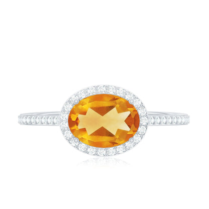 Certified Real 1 Carat Oval Citrine East West Engagement Ring with Diamond Halo