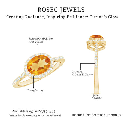 Certified Real 1 Carat Oval Citrine East West Engagement Ring with Diamond Halo
