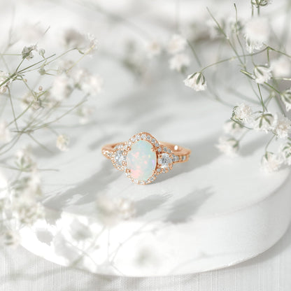 Vintage Inspired Opalescent Oval Engagement Ring with Real Diamond