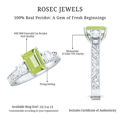 Vintage Style 1.8 Carat Peridot Emerald Cut Engagement Ring with Moissanite