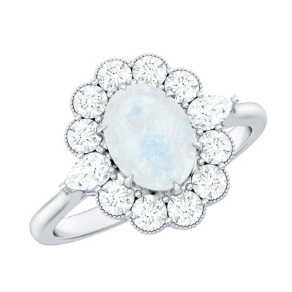 Natural 0.6 Carat Oval Shape Moonstone Engagement Ring With Moissanite