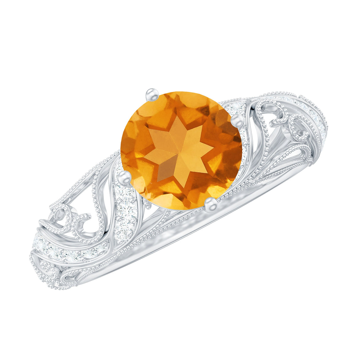 Genuine Citrine Vintage Looking Engagement Ring with Diamond