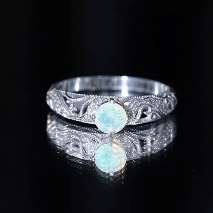 Genuine Ethiopian Rainbow Opal Vintage Inspired Engagement Ring with Diamond