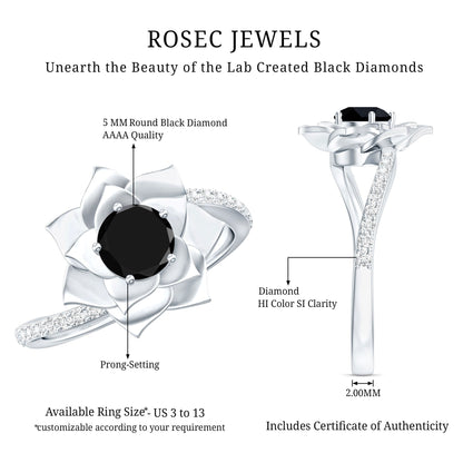 Certified 0.8 Carat Lab Grown Black Diamond Flower Engagement Ring with White Diamond
