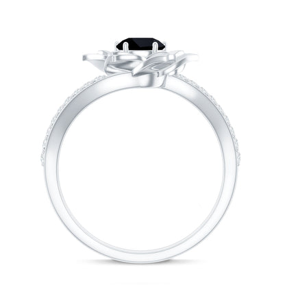 Certified 0.8 Carat Lab Grown Black Diamond Flower Engagement Ring with White Diamond
