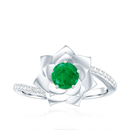 Certified Real Emerald Flower Engagement Ring with Diamond Bypass Shank
