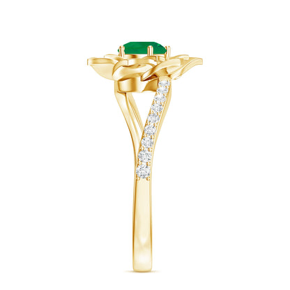 Certified Real Emerald Flower Engagement Ring with Diamond Bypass Shank