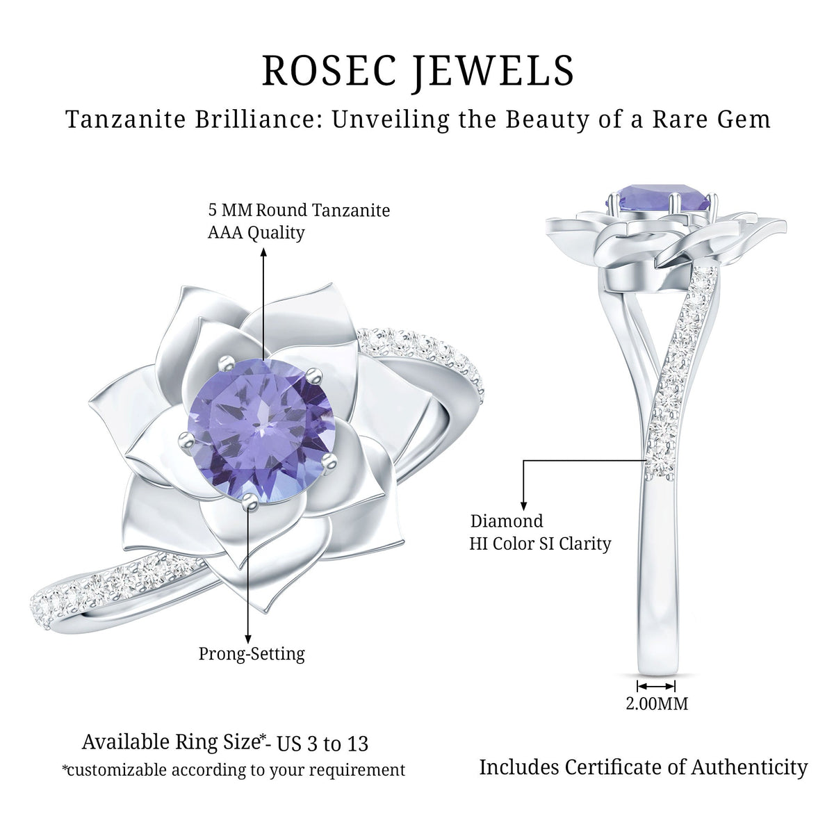 Real Tanzanite Rose Flower Engagement Ring with Diamond Bypass Shank